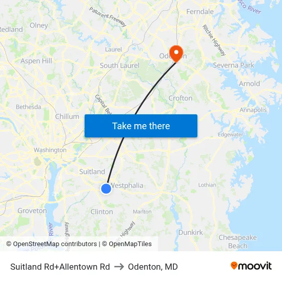 Suitland Rd+Allentown Rd to Odenton, MD map
