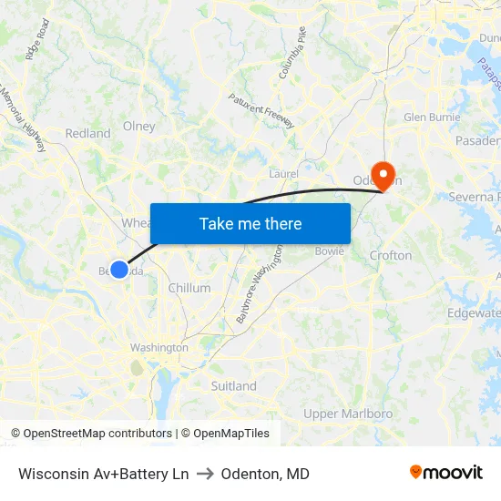 Wisconsin Av+Battery Ln to Odenton, MD map