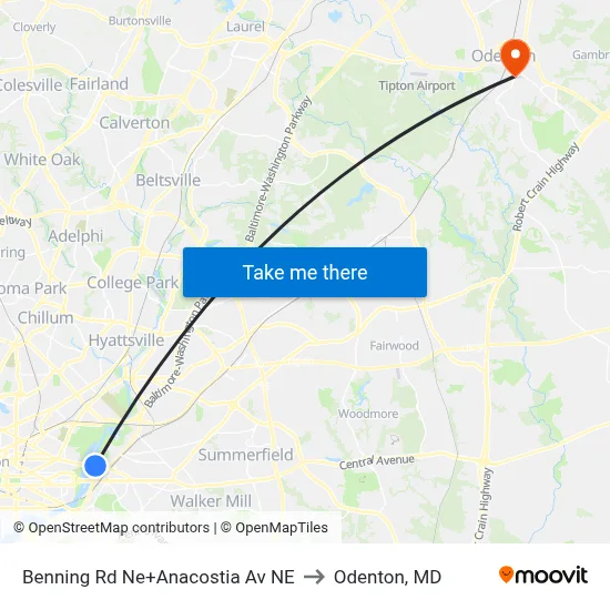 Benning Rd Ne+Anacostia Av NE to Odenton, MD map