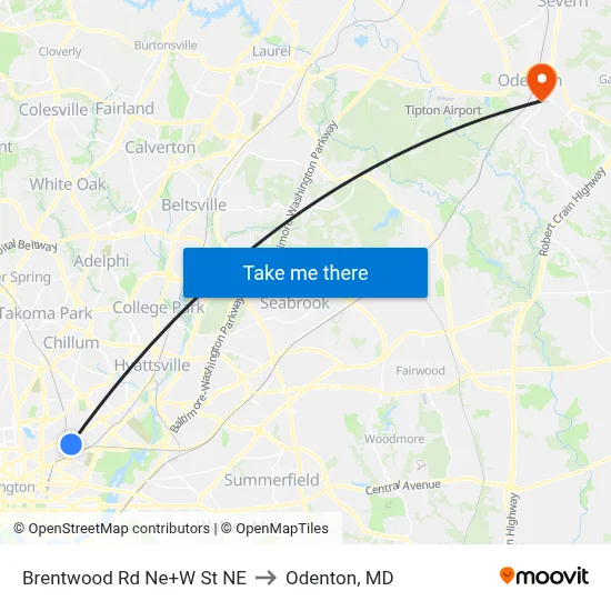 Brentwood Rd Ne+W St NE to Odenton, MD map