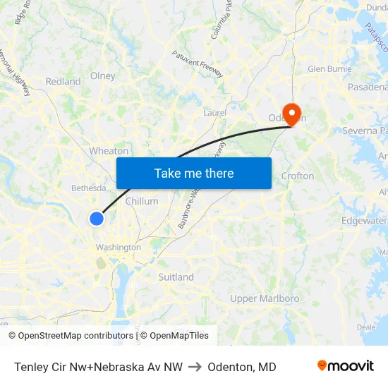 Tenley Cir Nw+Nebraska Av NW to Odenton, MD map