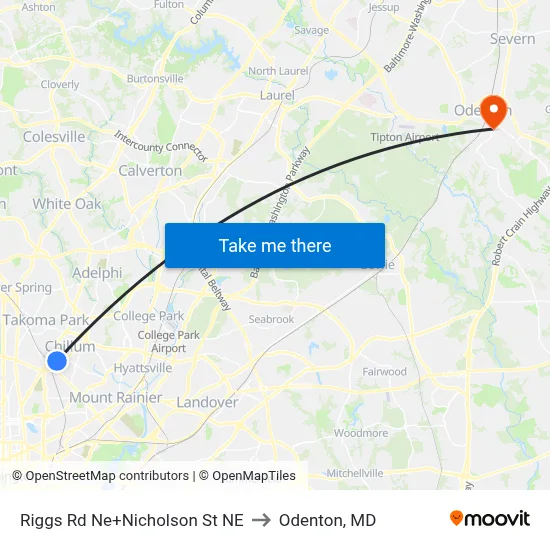 Riggs Rd Ne+Nicholson St NE to Odenton, MD map