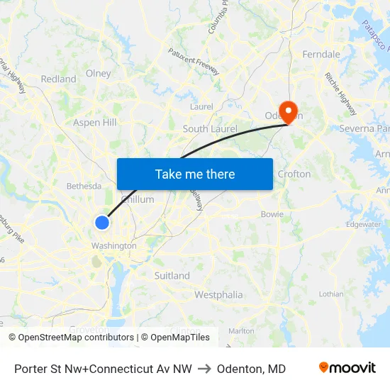 Porter St Nw+Connecticut Av NW to Odenton, MD map