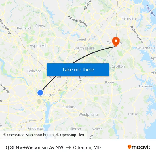 Q St Nw+Wisconsin Av NW to Odenton, MD map