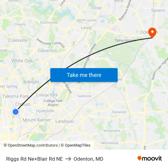 Riggs Rd Ne+Blair Rd NE to Odenton, MD map