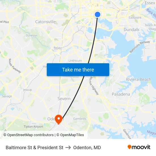 Baltimore St & President St to Odenton, MD map