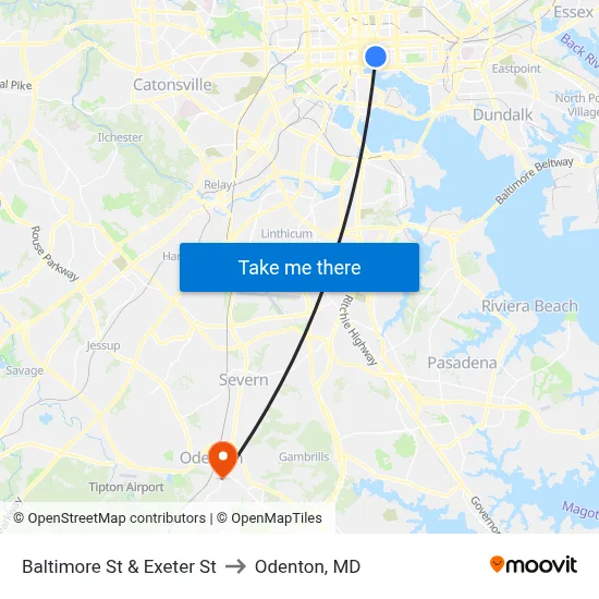 Baltimore St & Exeter St to Odenton, MD map