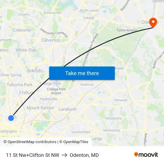 11 St Nw+Clifton St NW to Odenton, MD map