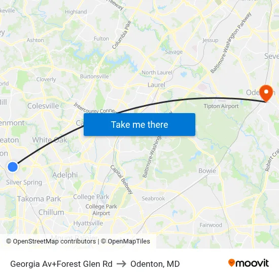 Georgia Av+Forest Glen Rd to Odenton, MD map