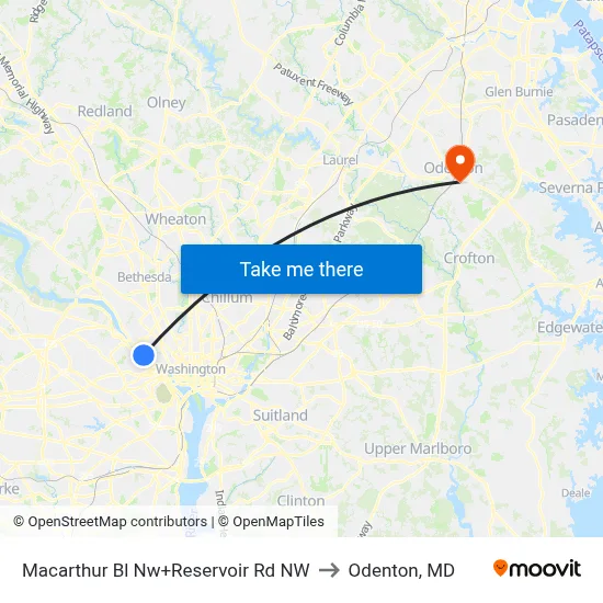 Macarthur Bl Nw+Reservoir Rd NW to Odenton, MD map