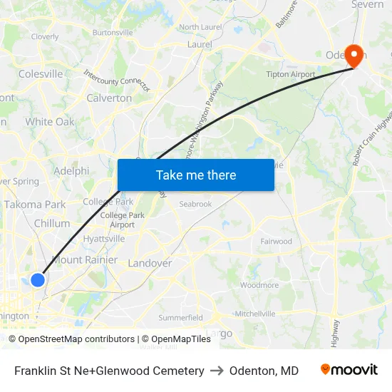 Franklin St Ne+Glenwood Cemetery to Odenton, MD map