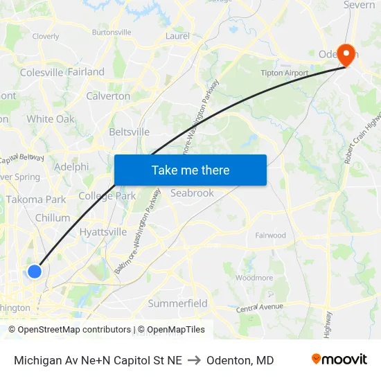 Michigan Av Ne+N Capitol St NE to Odenton, MD map