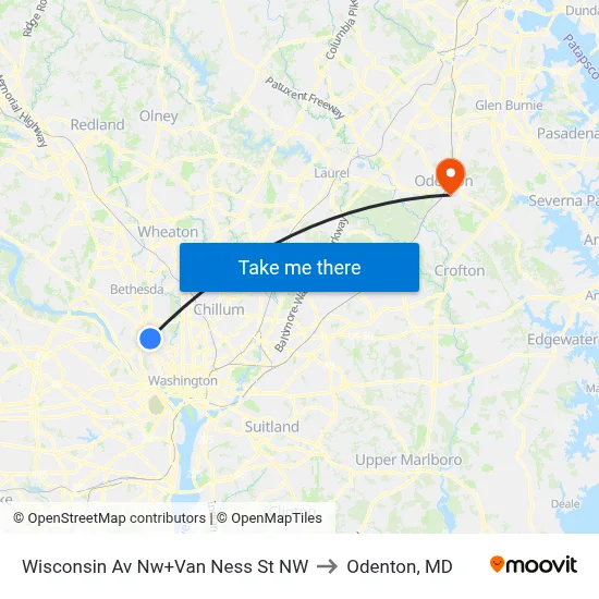 Wisconsin Av Nw+Van Ness St NW to Odenton, MD map