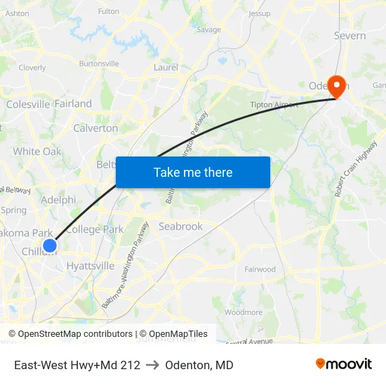 East-West Hwy+Md 212 to Odenton, MD map