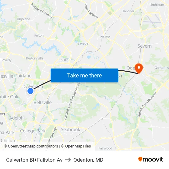 Calverton Bl+Fallston Av to Odenton, MD map