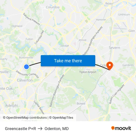 Greencastle P+R to Odenton, MD map