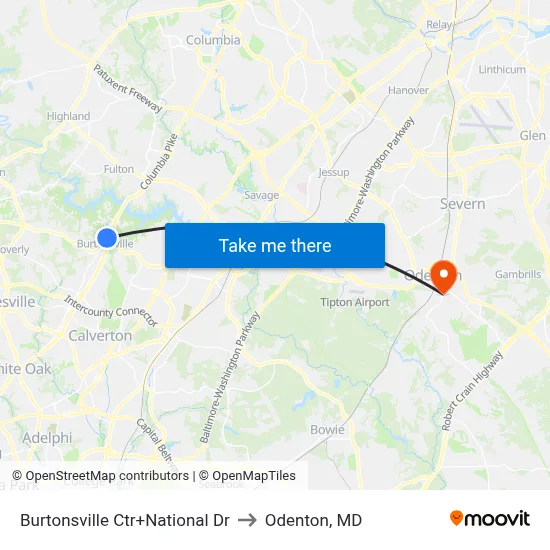 Burtonsville Ctr+National Dr to Odenton, MD map