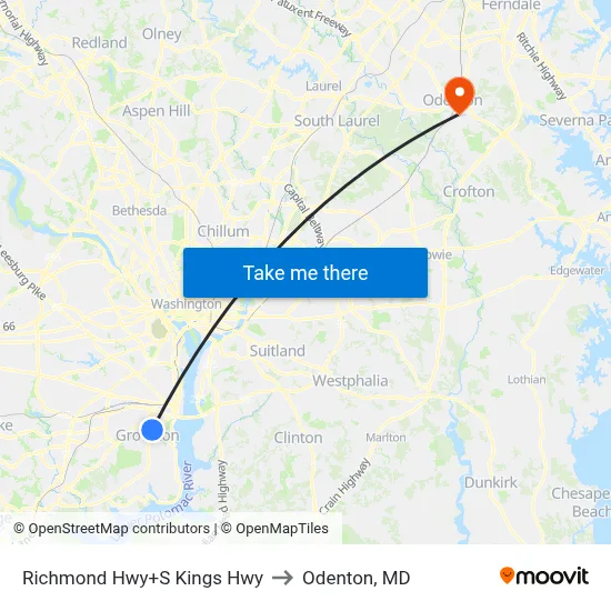 Richmond Hwy+S Kings Hwy to Odenton, MD map