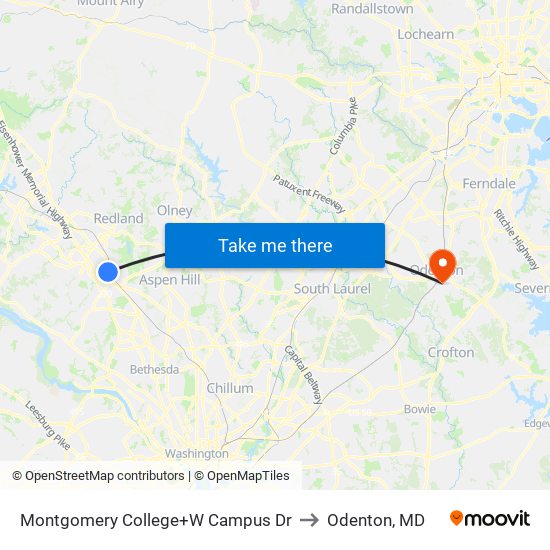 Montgomery College+W Campus Dr to Odenton, MD map