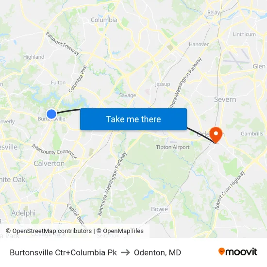 Burtonsville Ctr+Columbia Pk to Odenton, MD map