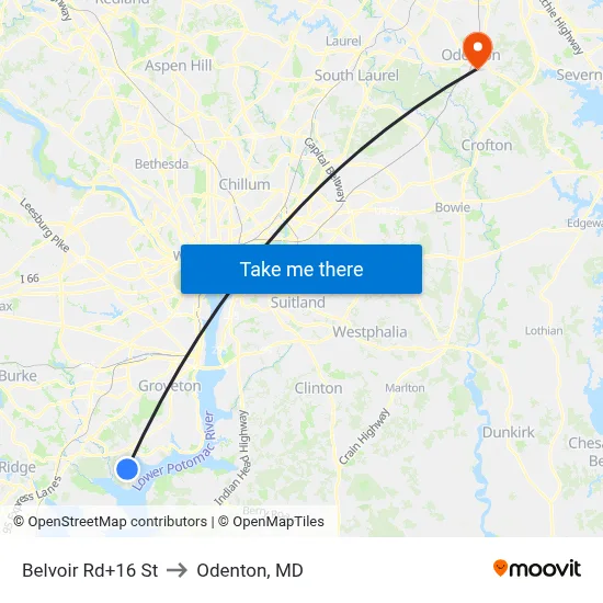 Belvoir Rd+16 St to Odenton, MD map