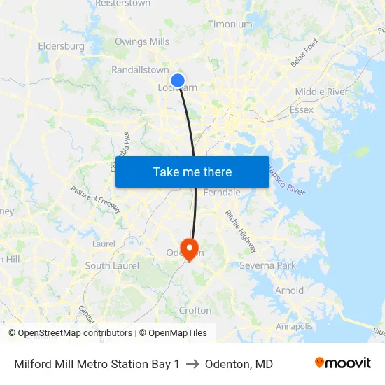 Milford Mill Metro Station Bay 1 to Odenton, MD map