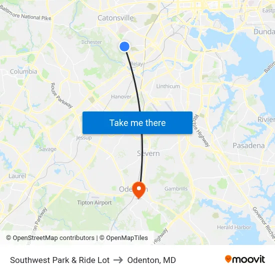 Southwest Park & Ride Lot to Odenton, MD map