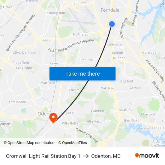 Cromwell Light Rail Station Bay 1 to Odenton, MD map