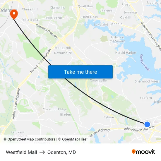Westfield Mall to Odenton, MD map