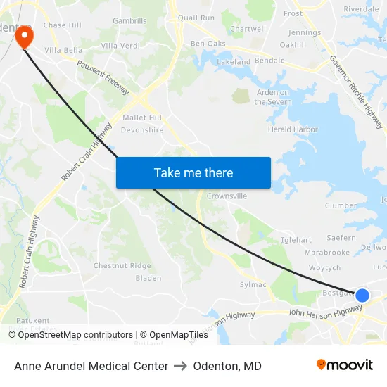 Anne Arundel Medical Center to Odenton, MD map