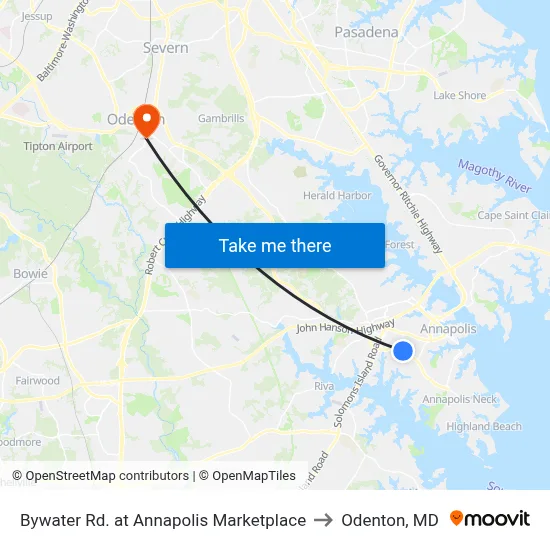 Bywater Rd. at Annapolis Marketplace to Odenton, MD map