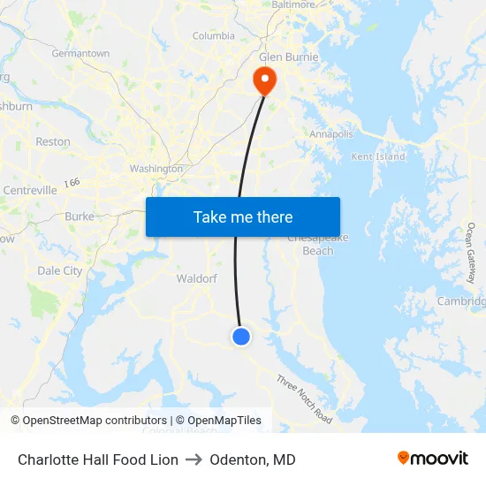 Charlotte Hall Food Lion to Odenton, MD map