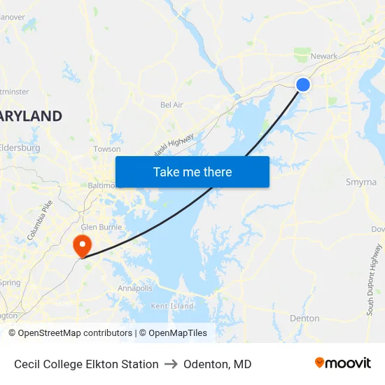 Cecil College Elkton Station to Odenton, MD map