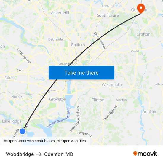 Woodbridge to Odenton, MD map