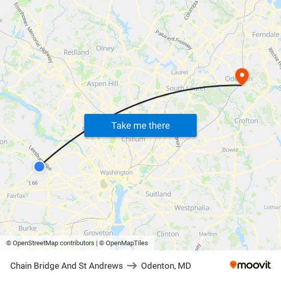 Chain Bridge And St Andrews to Odenton, MD map