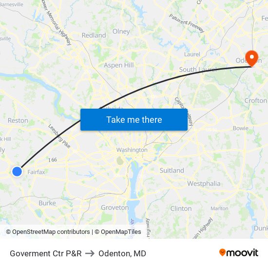 Goverment Ctr P&R to Odenton, MD map