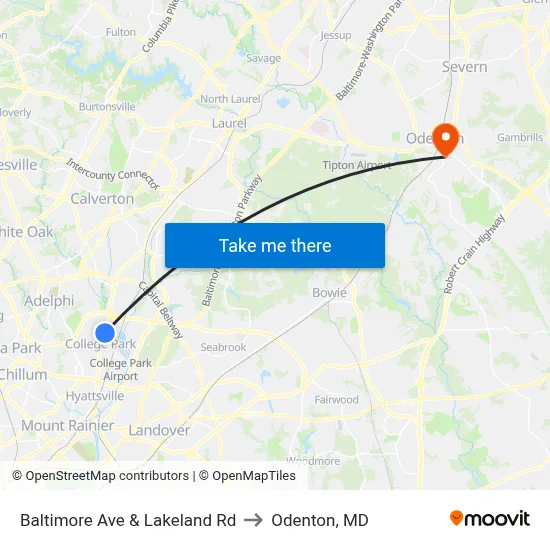 Baltimore Ave & Lakeland Rd to Odenton, MD map