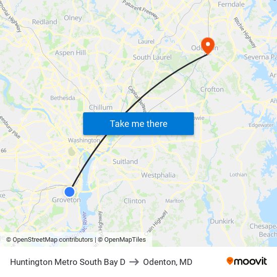 Huntington Metro South Bay D to Odenton, MD map