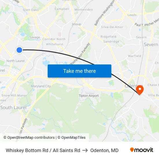 Whiskey Bottom Rd / All Saints Rd to Odenton, MD map