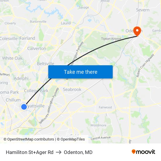 Hamiliton St+Ager Rd to Odenton, MD map