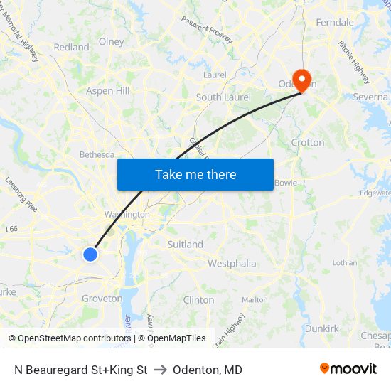 N Beauregard St+King St to Odenton, MD map