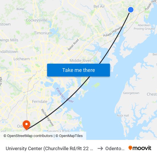 University Center (Churchville Rd/Rt 22 & Technology Dr) to Odenton, MD map