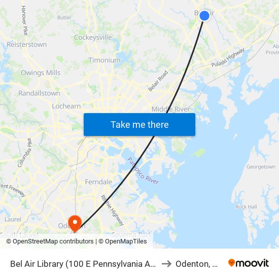 Bel Air Library (100 E Pennsylvania Ave) to Odenton, MD map