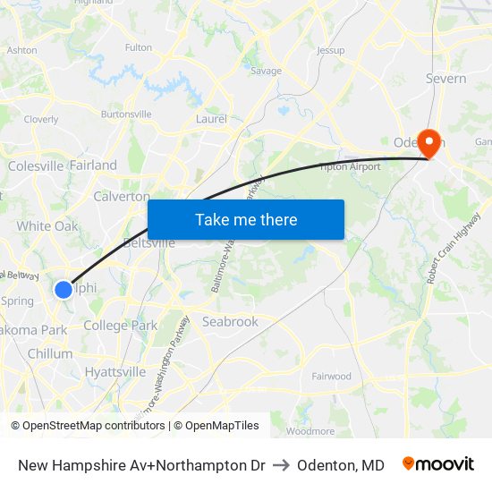 New Hampshire Av+Northampton Dr to Odenton, MD map