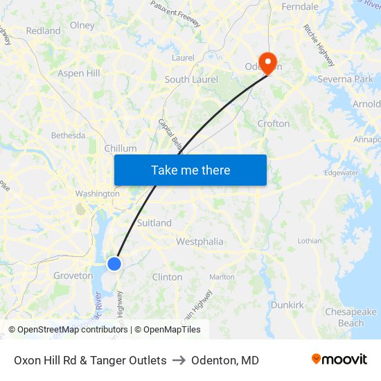 Oxon Hill Rd & Tanger Outlets to Odenton, MD map
