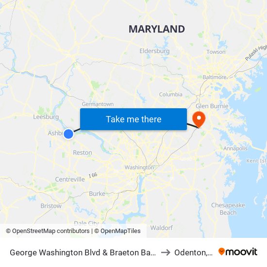 George Washington Blvd & Braeton Bay Terrace to Odenton, MD map