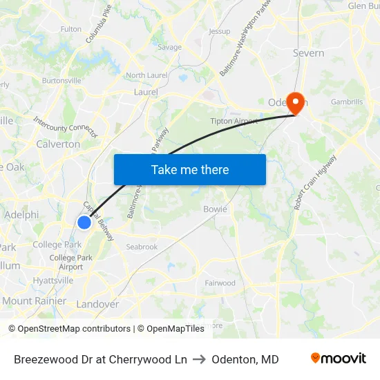 Breezewood Dr at Cherrywood Ln to Odenton, MD map