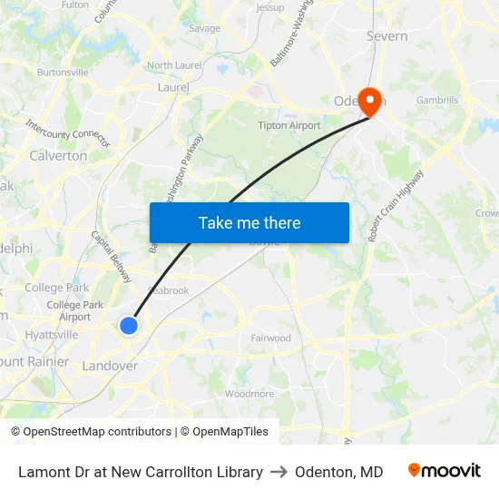 Lamont Dr at New Carrollton Library to Odenton, MD map