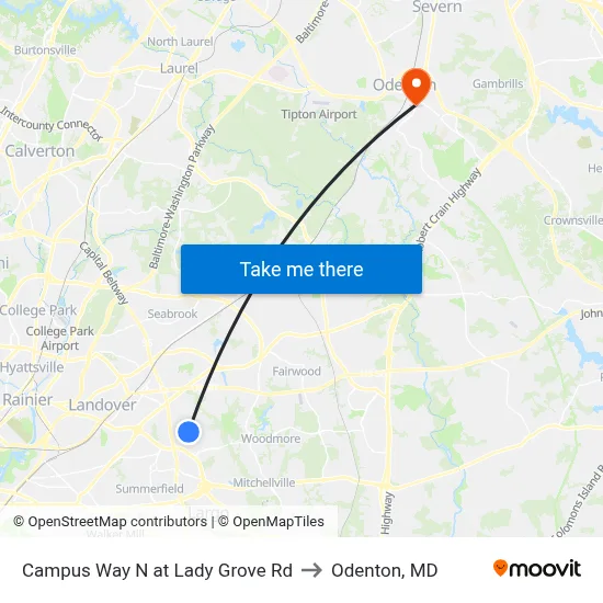 Campus Way N at Lady Grove Rd to Odenton, MD map