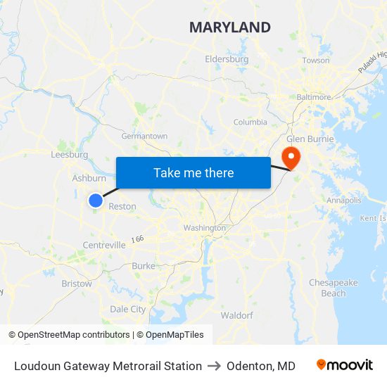 Loudoun Gateway Metrorail Station to Odenton, MD map